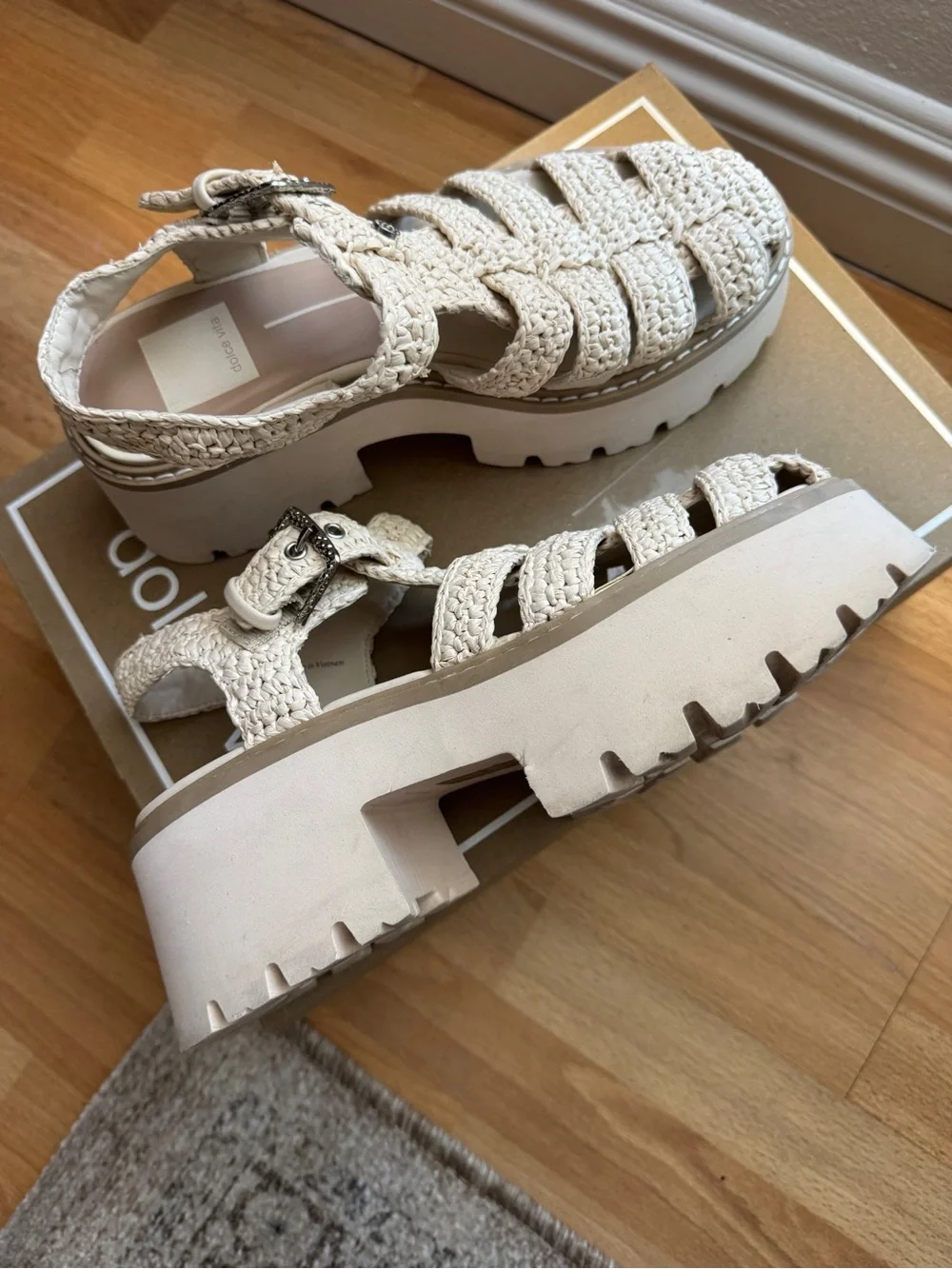 Dolce Vita Lasley raffia lattice Platform Sandals in the bone color